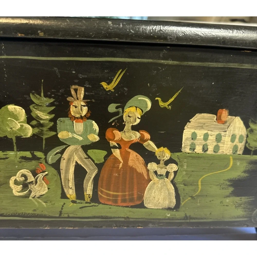 VTG Red House Woodworking Paint Decorated Miniature Blanket Chest Leather Hinges